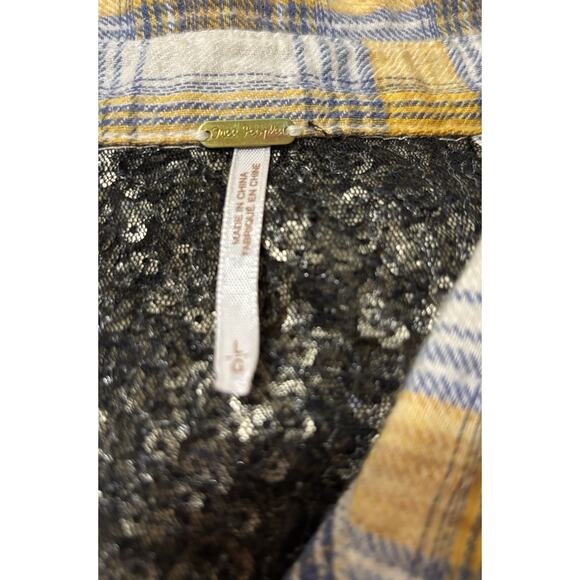 Free People Little Bit Of Sugar Sequin Button Up Flannel Shirt Yellow Plaid Sz L - Picture 9 of 10
